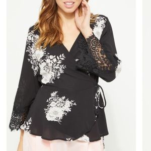 Black Floral Lace Bell Sleeve Surplice Top